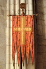 Copie du XIXe sicle de l'oriflamme de Saint-Denis. La bannire sera leve pour la premire fois par Louis VI en 1124, et pour la dernire fois en 1418. P.Cadet  CMN