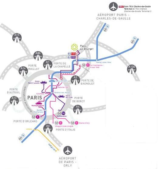 Plan gnral des routes, transports Paris Le Bourget