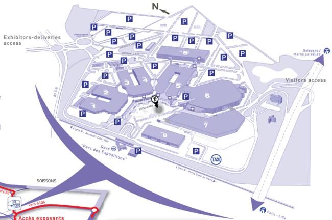Plan d'accs de parc des expositions de Villepinte, parkings, halls