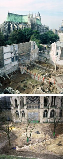 Vues des fouilles entreprises par l'Unit d'archologie de la Ville de Saint-Denis. En haut, les abords nord de l'glise Saint-Paul en 1988.  O.Meyer - Document UASD. En bas, square Pierre de Montreuil et dcouverte des meneaux des roses gothiques en 1998.  J.Mangin - Document UASD.