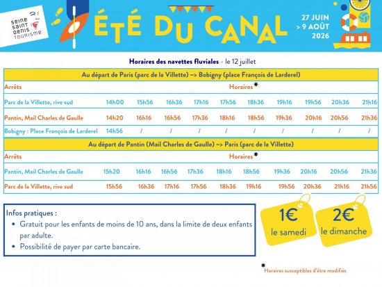 Horaires navettes Et� du canal dimanche 12 juillet 2026 Paris - Pantin
