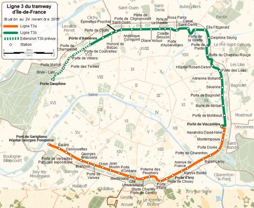 Carte du T3b prolongement Ouest 2023/2024