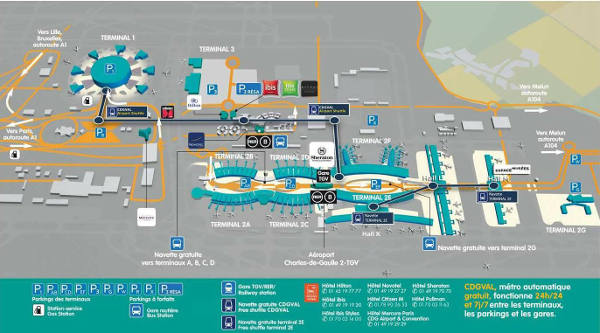 plan de l'aéroport CDG avec parkings et terminaux - source ADP