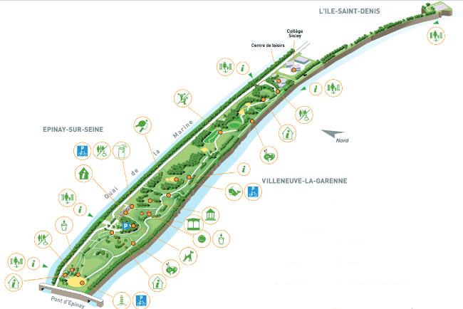 plan du parc de l'Ile-Saint-Denis avec accès, aires de jeux