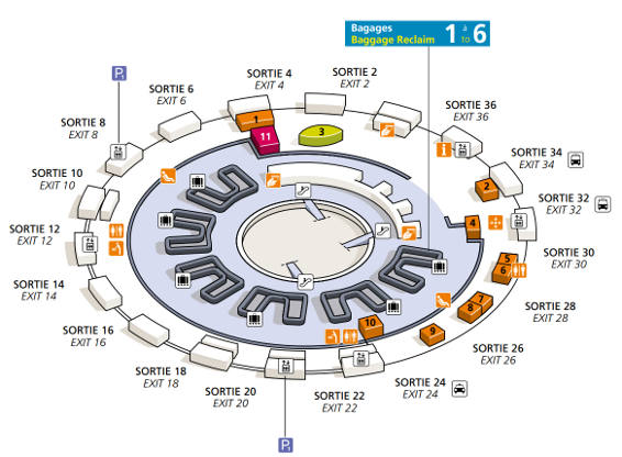 Plan du terminal T1 - niveau des arrives - situation des agences de location