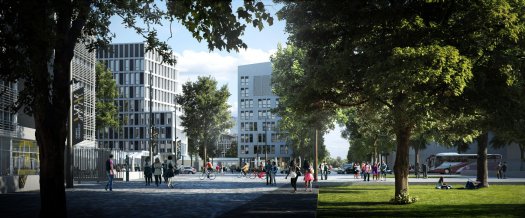 Htel  projets, sige de l'INED et btiment de recherche au Sud du campus  Mir, Campus Condorcet, 2015