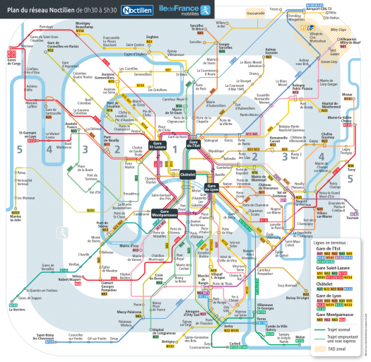 Map of Noctilien night bus service in Paris