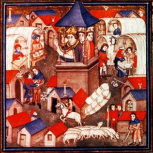 Miniature représentant la bénédiction de la foire du Lendit à Saint-Denis, milieu du XVème s.
