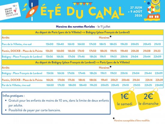 Shuttle schedule for Saturday, July 11, 2026, between Paris and Bobigny